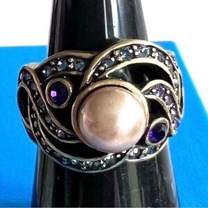 HEIDI DAUS Gold Ring with pearl and pink, purple,and blue crystals approx size 7
